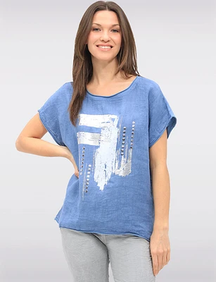 Linen-Cotton Cap Sleeve Top with Rhinestone & Foil Print by Froccella