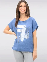 Linen-Cotton Cap Sleeve Top with Rhinestone & Foil Print by Froccella