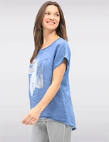 Linen-Cotton Cap Sleeve Top with Rhinestone & Foil Print by Froccella