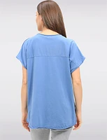 Linen-Cotton Cap Sleeve Top with Rhinestone & Foil Print by Froccella