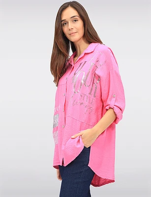Relaxed Fit Button-Down Shirt with Metallic Graphic Script by Froccella