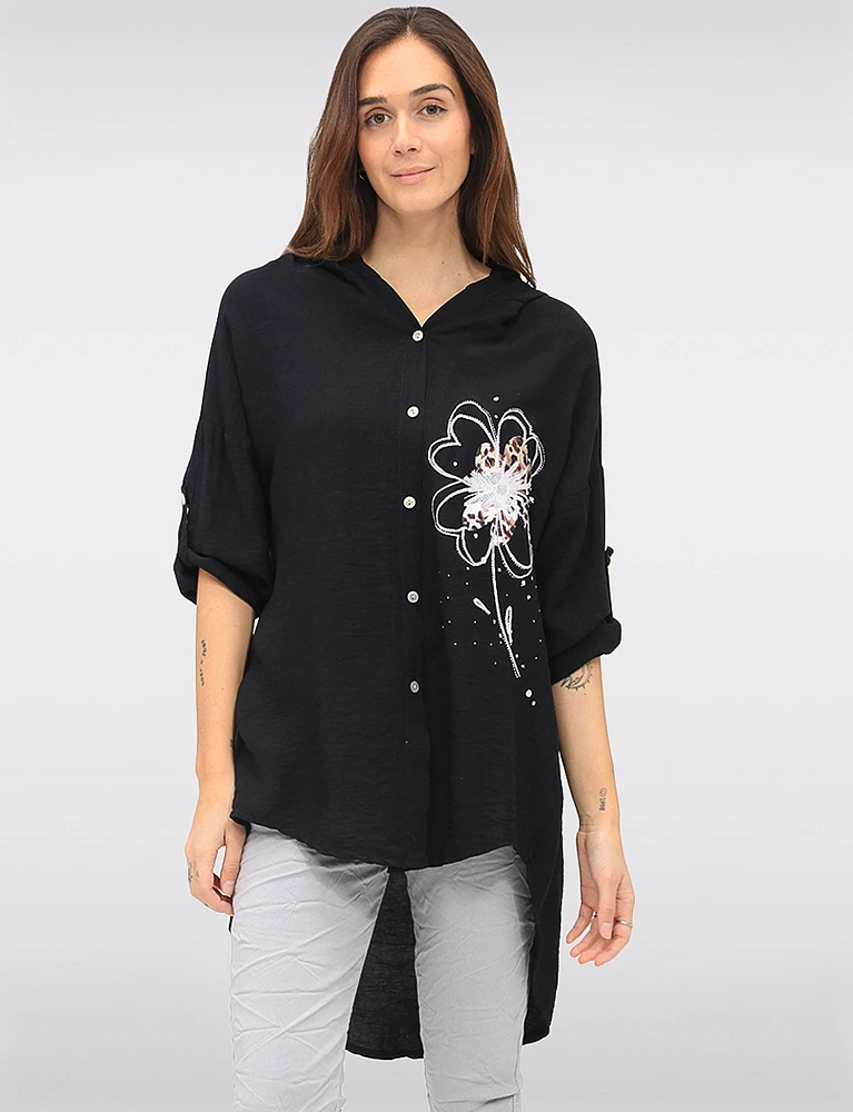 Casual Button-Front Floral Cheetah Print & Rhinestone Detail Hoodie by Froccella