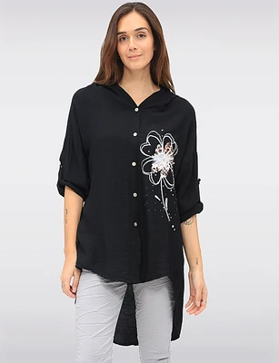 Casual Button-Front Floral Cheetah Print & Rhinestone Detail Hoodie by Froccella