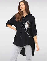 Casual Button-Front Floral Cheetah Print & Rhinestone Detail Hoodie by Froccella