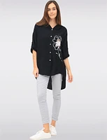 Casual Button-Front Floral Cheetah Print & Rhinestone Detail Hoodie by Froccella