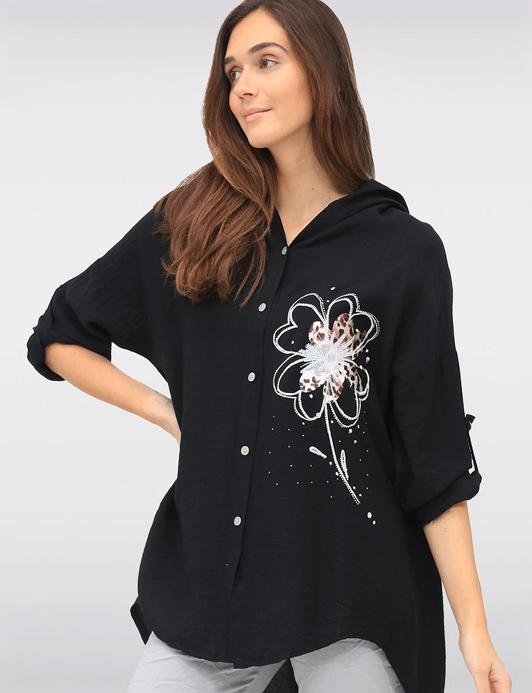 Casual Button-Front Floral Cheetah Print & Rhinestone Detail Hoodie by Froccella