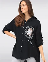 Casual Button-Front Floral Cheetah Print & Rhinestone Detail Hoodie by Froccella
