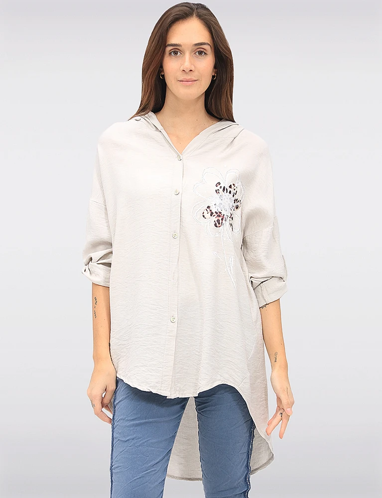 Casual Button-Front Floral Cheetah Print & Rhinestone Detail Hoodie by Froccella
