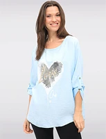 Romantic Flowy Top with Sequin Heart Detail & Adjustable Sleeves by Froccella