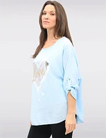Romantic Flowy Top with Sequin Heart Detail & Adjustable Sleeves by Froccella