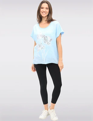 High-Low Linen Blend Short Sleeve Foil Flower & Rhinestone Top by Froccella