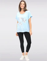 High-Low Linen Blend Short Sleeve Foil Flower & Rhinestone Top by Froccella