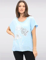 High-Low Linen Blend Short Sleeve Foil Flower & Rhinestone Top by Froccella