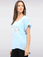 High-Low Linen Blend Short Sleeve Foil Flower & Rhinestone Top by Froccella