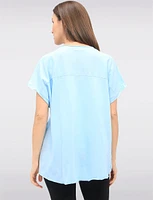 High-Low Linen Blend Short Sleeve Foil Flower & Rhinestone Top by Froccella