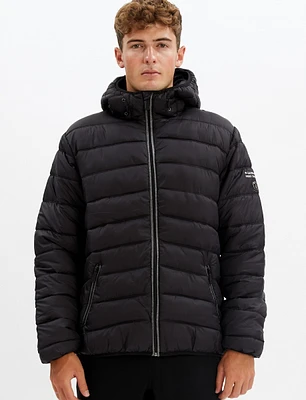 Black Packable Ultralight Hooded Vegan Puffer Jacket for Men by Point Zero