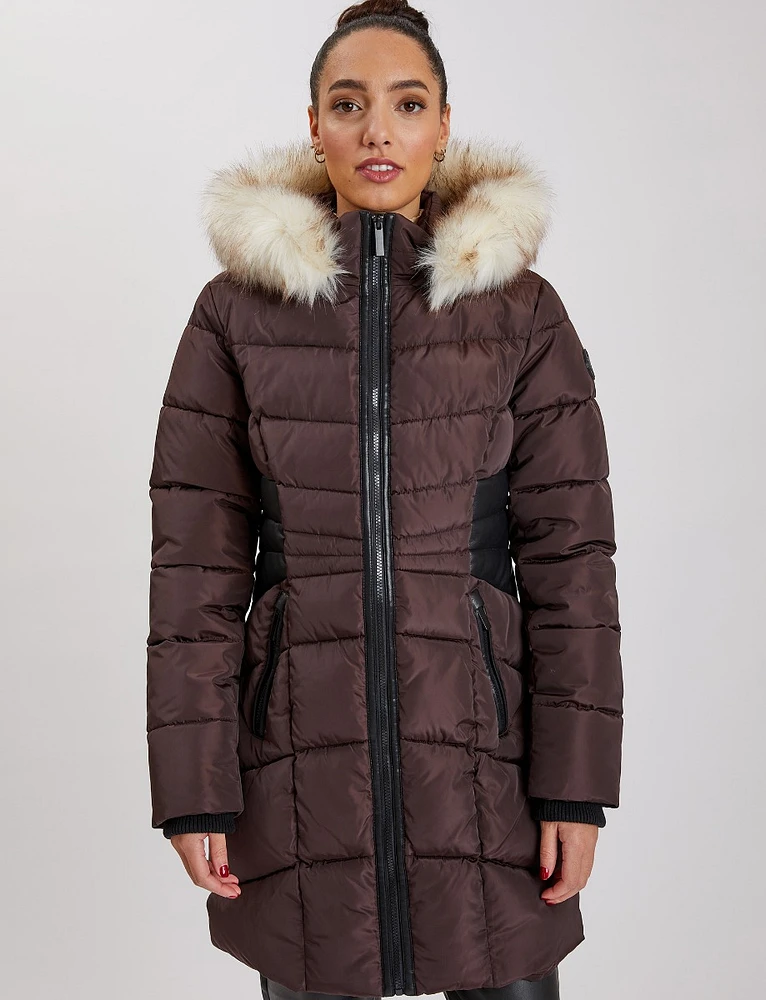 Long Eco-Down Hooded Puffer with Detachable Fur Trim by Point Zero