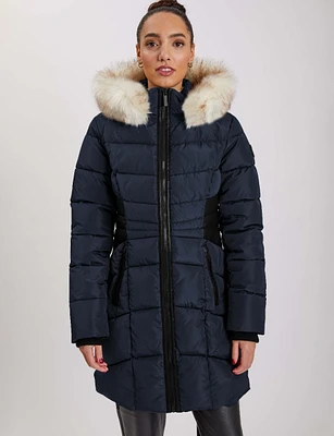 Long Eco-Down Hooded Puffer with Detachable Fur Trim by Point Zero