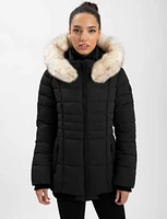 Quilted Vegan Hooded Bomber Jacket with Removable Faux Fur Trim by Point Zero