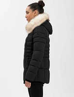 Quilted Vegan Hooded Bomber Jacket with Removable Faux Fur Trim by Point Zero