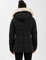 Quilted Vegan Hooded Bomber Jacket with Removable Faux Fur Trim by Point Zero