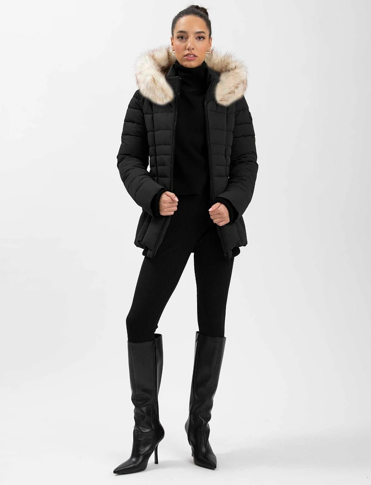 Quilted Vegan Hooded Bomber Jacket with Removable Faux Fur Trim by Point Zero