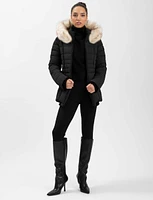 Quilted Vegan Hooded Bomber Jacket with Removable Faux Fur Trim by Point Zero