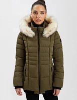 Quilted Vegan Hooded Bomber Jacket with Removable Faux Fur Trim by Point Zero