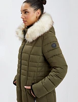 Quilted Vegan Hooded Bomber Jacket with Removable Faux Fur Trim by Point Zero