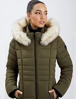 Quilted Vegan Hooded Bomber Jacket with Removable Faux Fur Trim by Point Zero