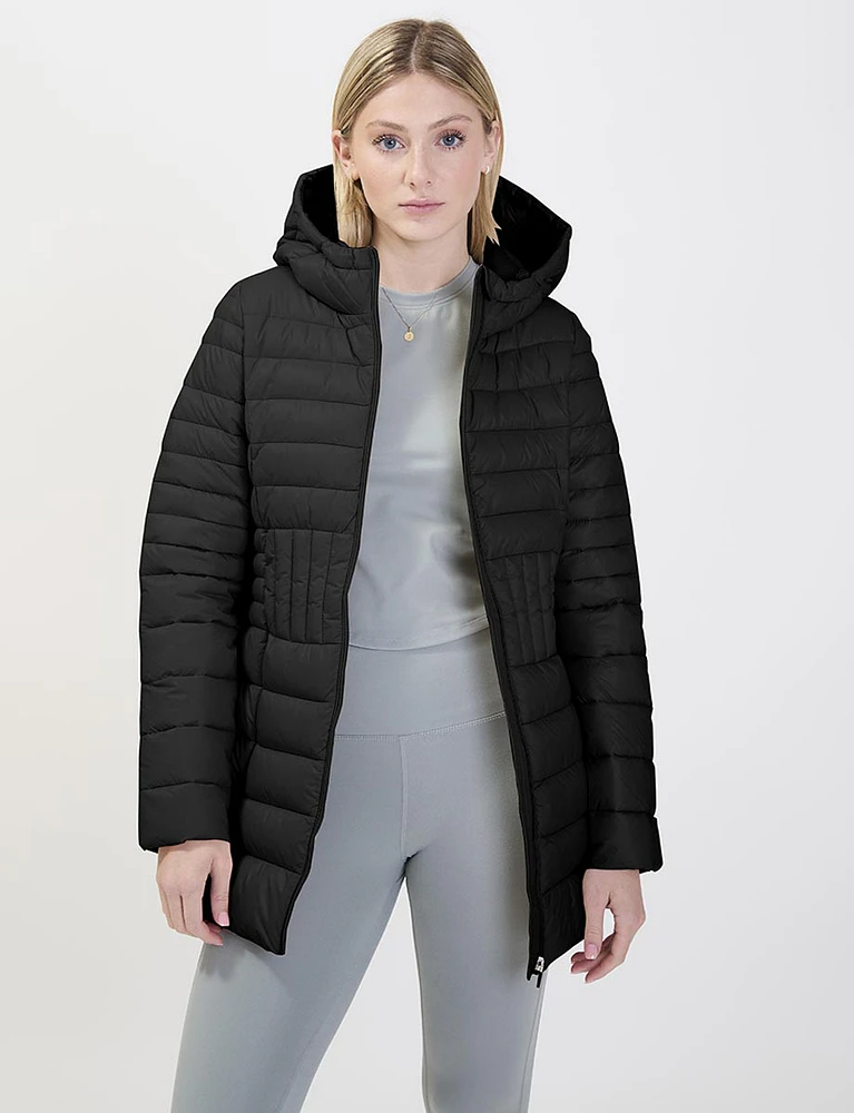 Sleek Long Hooded Packable Ultralight Eco-down Vegan Puffer Jacket by Point Zero