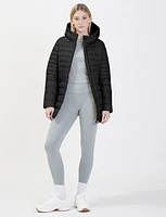 Sleek Long Hooded Packable Ultralight Eco-down Vegan Puffer Jacket by Point Zero