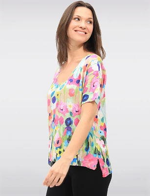 Stylish Floral Scoop-Neck Knit Top with Short Sleeves Dolman Design by Froccella