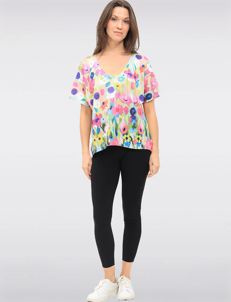 Stylish Floral Scoop-Neck Knit Top with Short Sleeves Dolman Design by Froccella