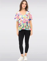 Stylish Floral Scoop-Neck Knit Top with Short Sleeves Dolman Design by Froccella