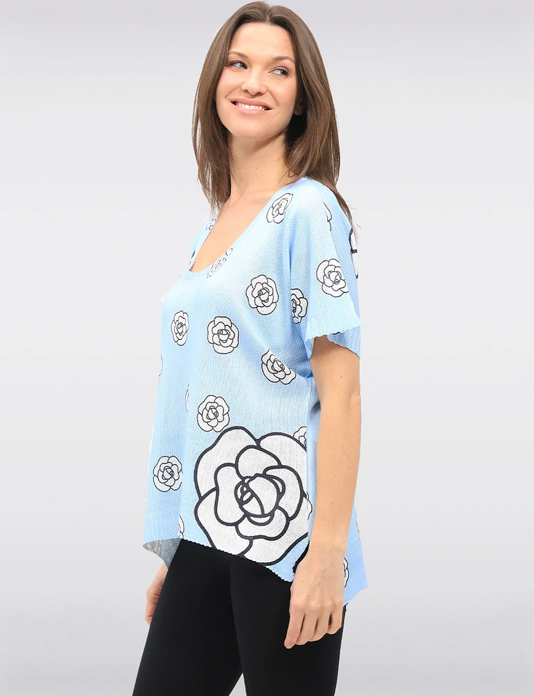 Stylish Print Scoop-Neck Knit Top with Short Sleeves Dolman Design by Froccella