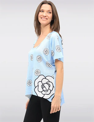 Stylish Print Scoop-Neck Knit Top with Short Sleeves Dolman Design by Froccella