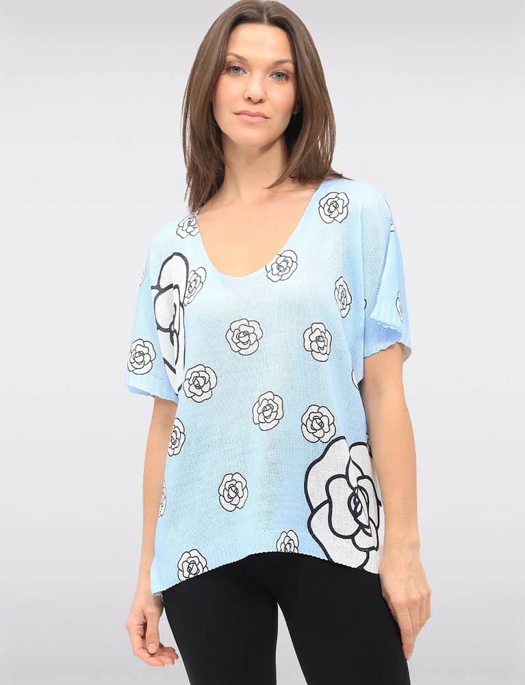 Stylish Print Scoop-Neck Knit Top with Short Sleeves Dolman Design by Froccella