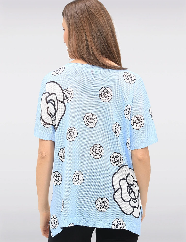 Stylish Print Scoop-Neck Knit Top with Short Sleeves Dolman Design by Froccella