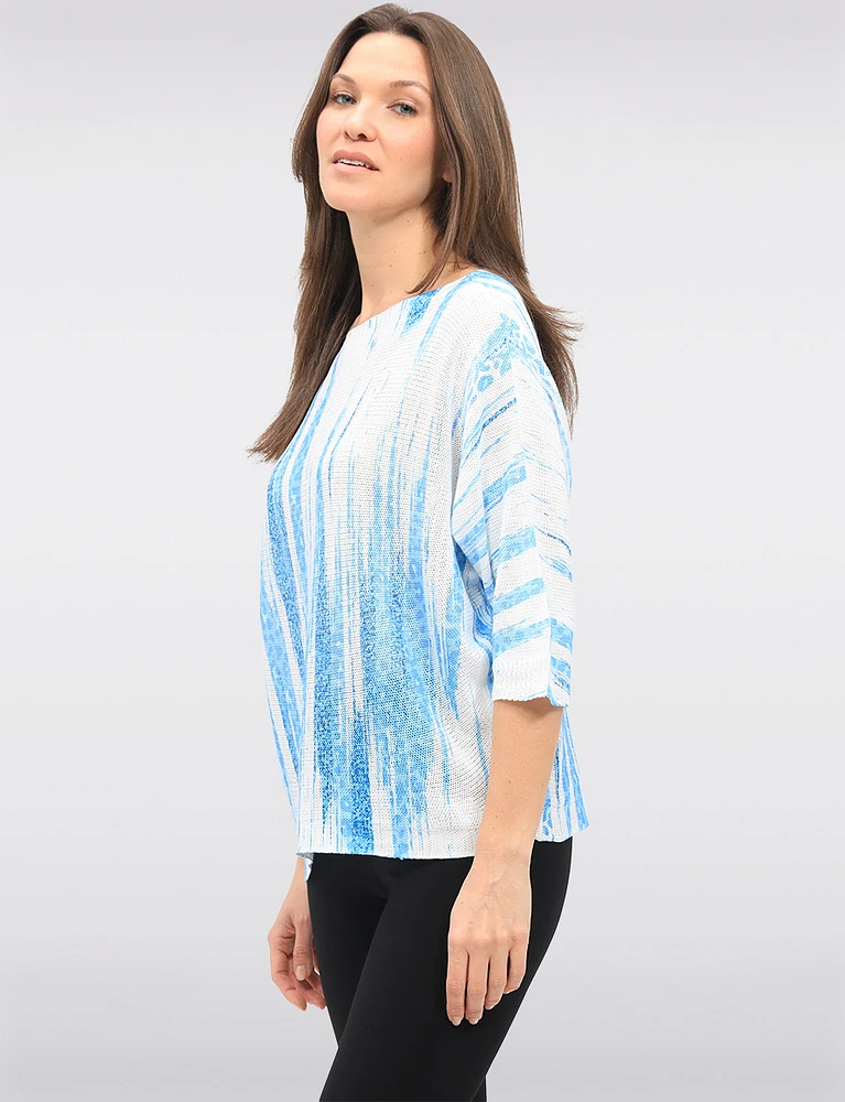 Blue Stripe Print 3/4 Dolman Sleeves Boatneck Knit Top by Froccella