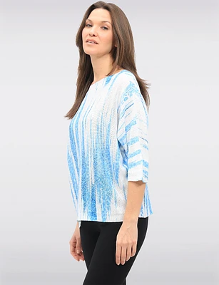 Blue Stripe Print 3/4 Dolman Sleeves Boatneck Knit Top by Froccella