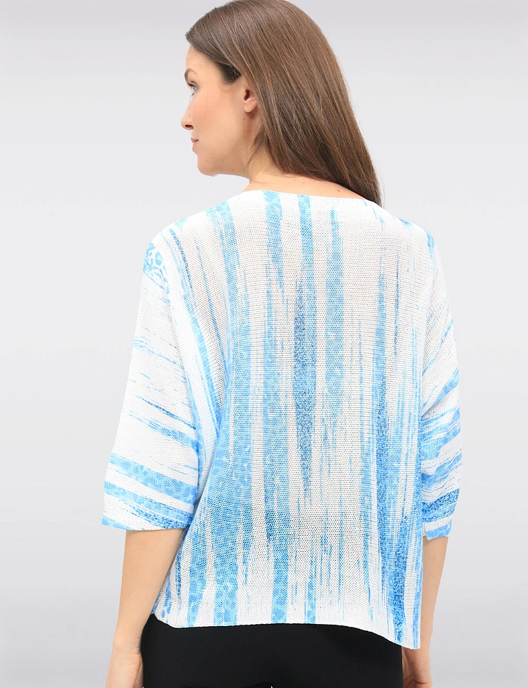 Blue Stripe Print 3/4 Dolman Sleeves Boatneck Knit Top by Froccella