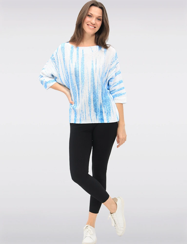 Blue Stripe Print 3/4 Dolman Sleeves Boatneck Knit Top by Froccella