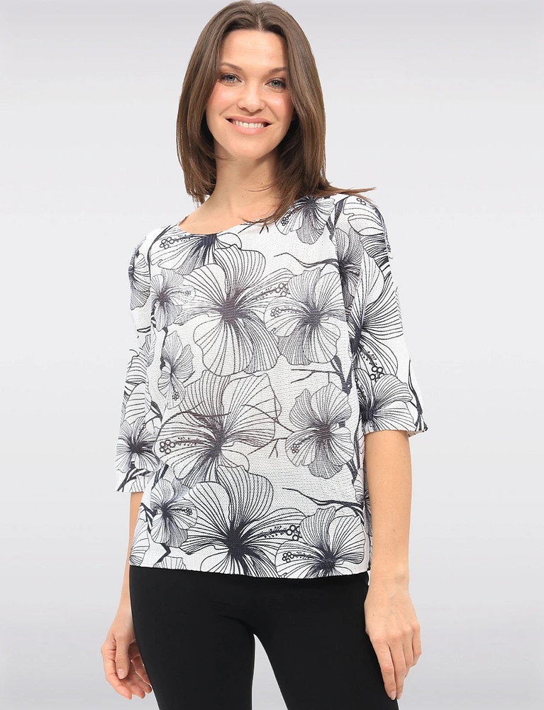 Stylish Floral Round-Neck Knit Top with 3/4 Dolman Sleeves by Froccella