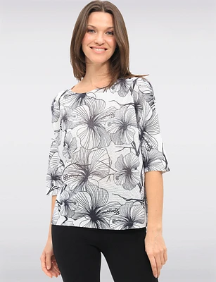 Stylish Floral Round-Neck Knit Top with 3/4 Dolman Sleeves by Froccella