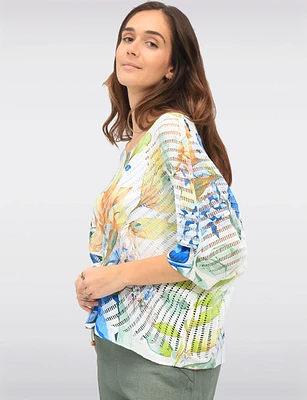 Exquisite Crochet Floral 3/4 Dolman Sleeve Top with Round Neckline by Froccella