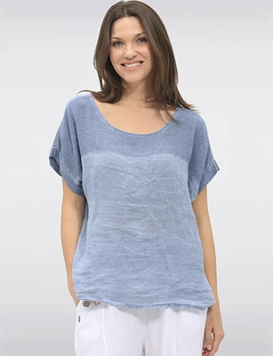 Chic Drop-Shoulder Cap Sleeve Linen Top with Folded Cuff Detail by Froccella