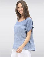 Chic Drop-Shoulder Cap Sleeve Linen Top with Folded Cuff Detail by Froccella