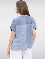 Chic Drop-Shoulder Cap Sleeve Linen Top with Folded Cuff Detail by Froccella