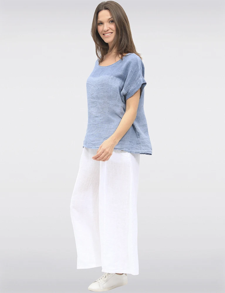 Chic Drop-Shoulder Cap Sleeve Linen Top with Folded Cuff Detail by Froccella